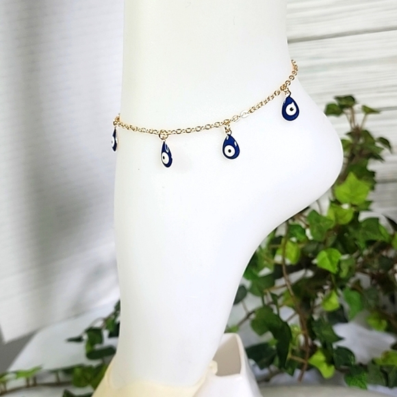 Boho Blue Evil Eye Teardrop Charm Ankle Bracelet Anklet Gold Filled New - Picture 4 of 5